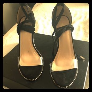 Clear toe high heels with studs all around